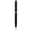 A sleek black pen with a silver clip and detailing, featuring a smooth finish and a logo.