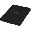 A black gift box containing a notebook and pen set, featuring a brand logo on the cover.