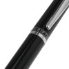 A black metal ballpoint pen with a silver clip and branding detail.