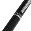A black metal ballpoint pen with a shiny silver clip and a branding logo.