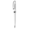 A white metal ballpoint pen with a twist action mechanism and a branding logo.