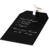 A blackboard tag featuring handwritten notes, with a white ribbon attached for hanging.