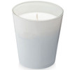 A grey glass candle holder with a white wax candle inside, featuring a single wick at the centre.