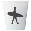 A white candle holder featuring a silhouette of a person walking with a surfboard. The holder has a smooth finish.