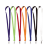 A selection of lanyards in purple, green, red, orange, blue, black, and white, each featuring a lobster clip.
