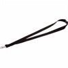 A black lanyard with a lobster clip, designed for holding items, featuring a logo.