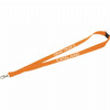 An orange lanyard with a lobster clip and a logo, suitable for events and exhibitions.
