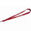 A red lanyard with a lobster clip and a logo, featuring two printed words in white.