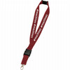 A maroon lanyard with a branding logo, featuring a clip for attachment and a safety breakaway feature.