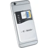 A grey phone with a white silicone card wallet attached, holding a credit card and featuring a logo.