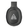 Black wireless headphones with a logo on the side. The design is sleek and modern, featuring a microphone.