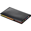 A black memo holder featuring colourful sticky notes peeking out from one side. It has a sleek design and a logo.