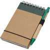 A brown recycled notebook with a spiral binding and a green pen attached by an elastic band.