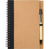 A brown spiral notebook with a black cover and a black pen attached on the side.