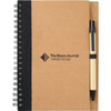 A brown spiral notebook with a black cover and a pen attached, featuring a logo on the front.