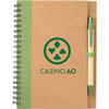 A spiral notebook with a green cover and matching pen attached, featuring a logo on the front.