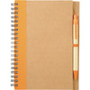 A spiral notebook in brown with an orange band and an accompanying orange pen. It features a simple design and branding.