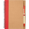 A brown spiral notebook with a red accent and a matching pen attached to the side.