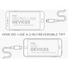 A charging cable with a 2-in-1 reversible tip for Micro-USB and iOS devices, featuring a simple, sleek design.