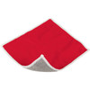 A red and grey cleaning cloth with a textured side and a smooth side, featuring a stitched border.