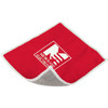 A red cleaning cloth with a textured white backing, featuring a logo on one side.