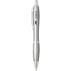 A silver plastic pen with a sleek design and a clip, featuring a logo on the side.