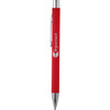A red metal pen with a soft touch finish and silver accents, featuring a logo on the side.