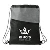 A grey and black drawstring bag with a zippered pocket, featuring a logo.