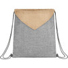 A grey and beige drawstring bag with a textured finish and a logo at the top.