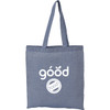 A blue recycled cotton twill tote bag with long handles and a logo on the front.