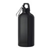 A drink bottle in sleek black aluminium with a carabiner clip and a simple design. It features a logo.
