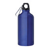A drink bottle in a deep blue colour with a black cap and a carabiner attachment. It features a logo design.