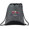 A grey drawstring sportspack with a logo, featuring a black bottom panel and adjustable cords.