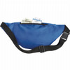 A blue bum bag with a zippered pocket containing cash and a card. It features an adjustable strap and a logo.