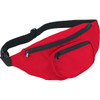 A red fanny pack with two zippered pockets and an adjustable black strap. It features a logo on the front.