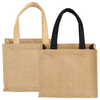 A jute tote bag featuring a natural tan colour with black handles and a simple design. It has a logo on one side.