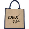 A medium jute tote bag in natural and navy blue, featuring a logo on the front.