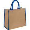 A large jute tote bag in natural beige with blue accents and handles. It features sturdy construction and a logo.