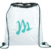 Clear drawstring sportspack with a teal logo, featuring black drawstrings and a transparent design.