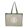 A recycled cotton tote bag in grey with a contrasting darker side and an embossed logo.