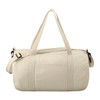 A beige Cotton 18 Barrel Duffel bag with two handles and a shoulder strap, featuring a logo.