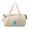 A cream cotton barrel duffel bag with shoulder strap and featuring a logo on the front.