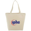 A cream cotton tote bag with a zippered top and sturdy handles. It features a logo on the front.