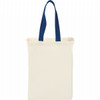 A natural cotton grocery tote bag in cream with blue handles, featuring a simple design and a logo.