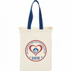 A natural cotton grocery tote in cream with blue handles and a logo featuring a heart and diamond design.