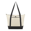 A tan and black tote cooler bag with long handles and a front pocket. It features a logo.