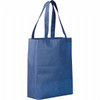 A blue non-woven tote bag with two handles and a logo on the front.