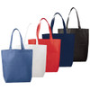 Assorted tote bags in blue, white, red, navy, and black, each featuring handles and a branding logo.