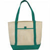 A cream tote bag with teal handles and trim, featuring a front pocket and a logo.