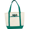 A cream tote bag with green handles featuring an interior pocket and a logo on the front.